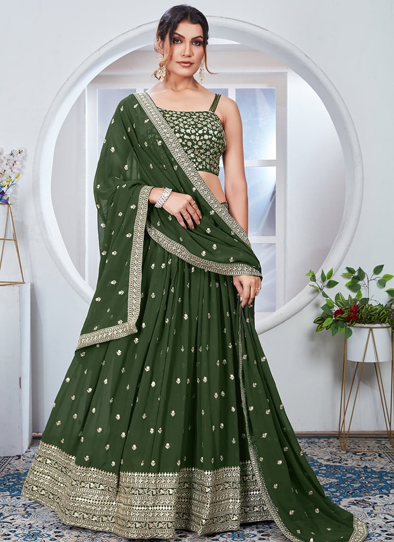 Green Faux Georgette Embroidered Classy Lehenga Wedding Wear