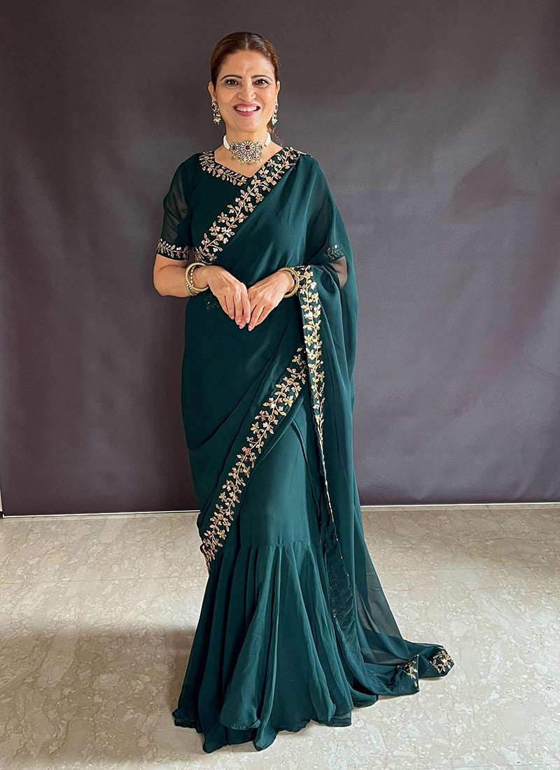 Green Faux Georgette Embroidered Lehenga Saree Festive Wear
