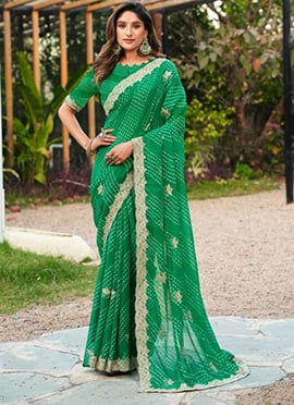 Green Faux Georgette Embroidered Leheriya Print Saree