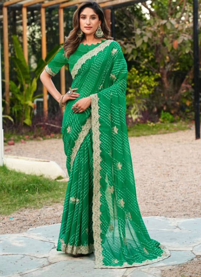 Green Faux Georgette Embroidered Leheriya Print Saree Festive Wear