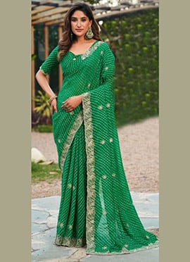 Green Faux Georgette Embroidered Leheriya Print Saree