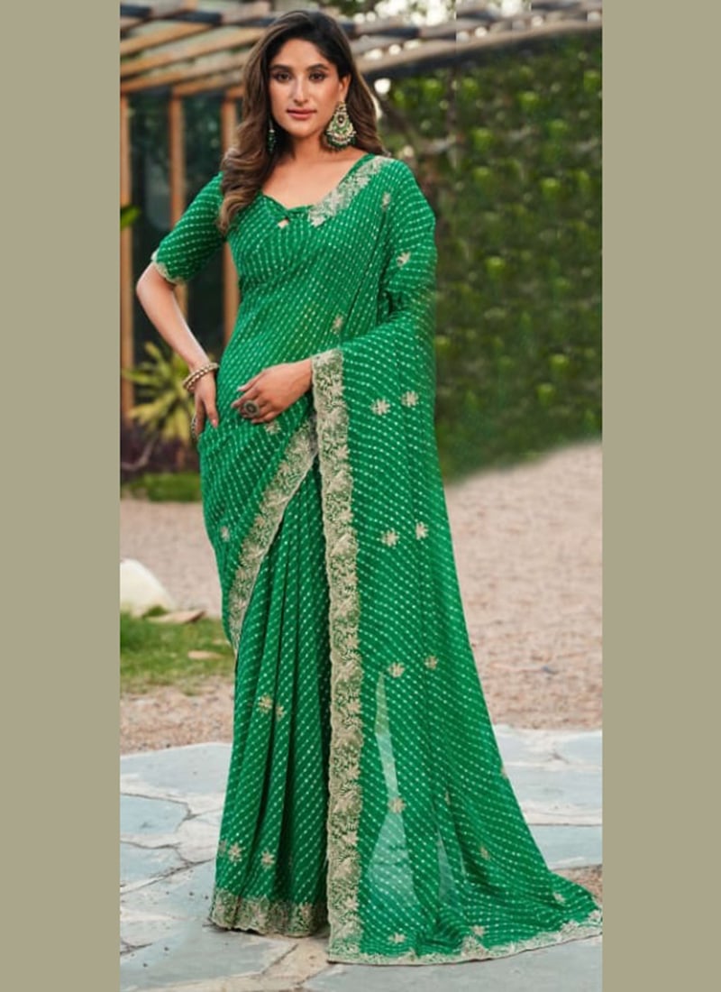 Green Faux Georgette Embroidered Leheriya Print Saree Festive Wear
