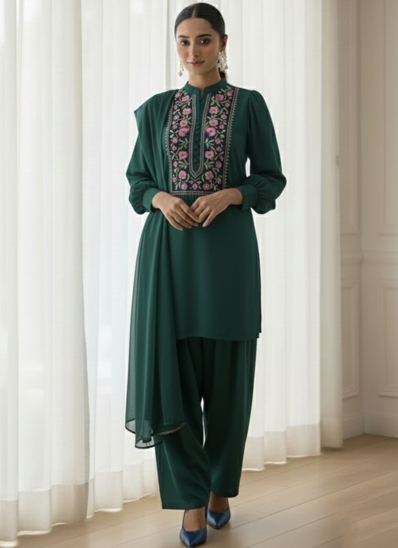Green Faux Georgette Embroidered Salwar Suit After Six Wear