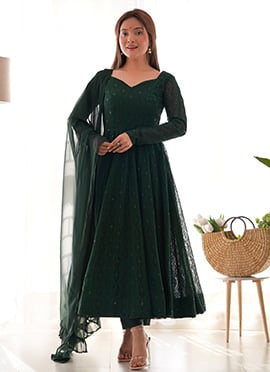 Green Faux Georgette Embroidered Sequins Anarkali Suit