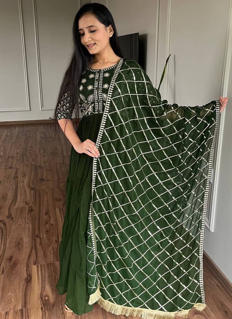 Green Faux Georgette Embroidered Sequins Anarkali Suit Festive Wear