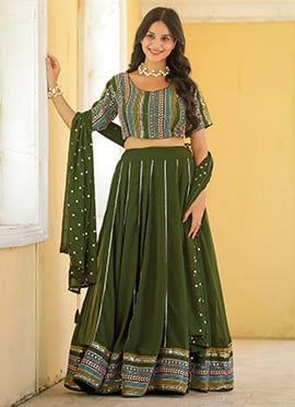 Green Faux Georgette Embroidered Sequins Elegant Lehenga