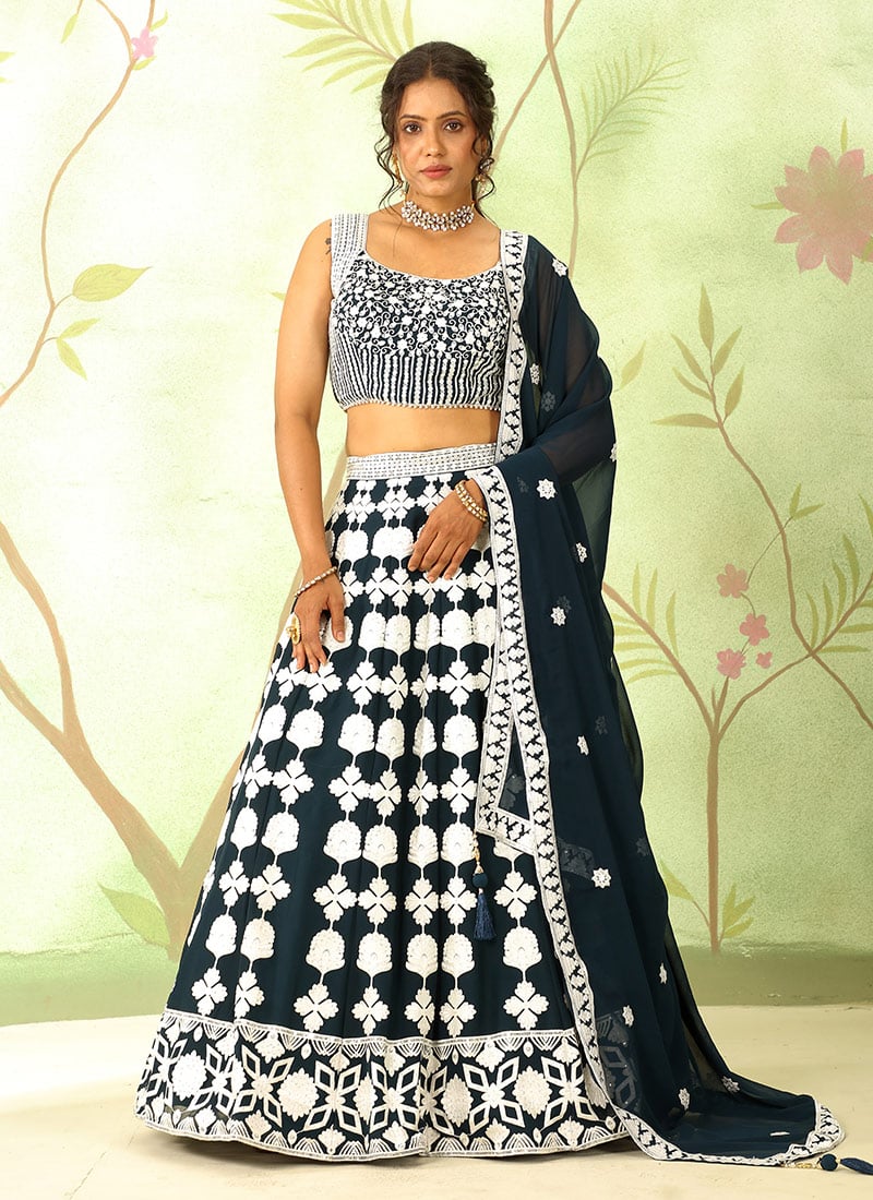 Green Faux Georgette Embroidered Sequins Lehenga Wedding Wear