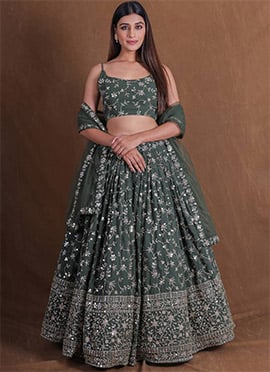 Green Faux Georgette Embroidered Sequins Lehenga