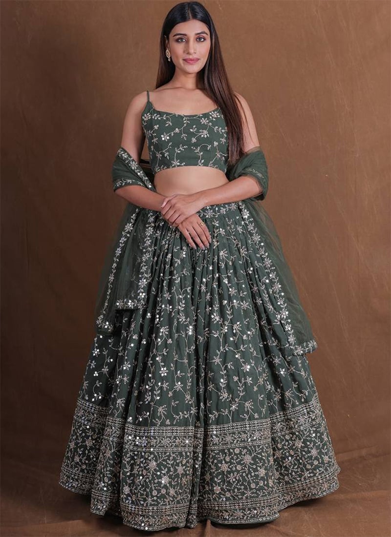 Green Faux Georgette Embroidered Sequins Lehenga Wedding Wear