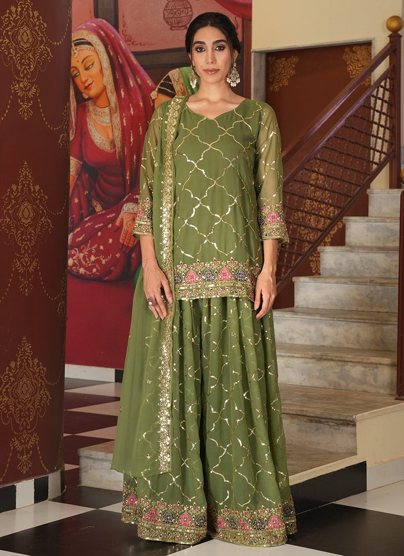 Green Faux Georgette Embroidered Sequins Palazzo Suit Festive Wear
