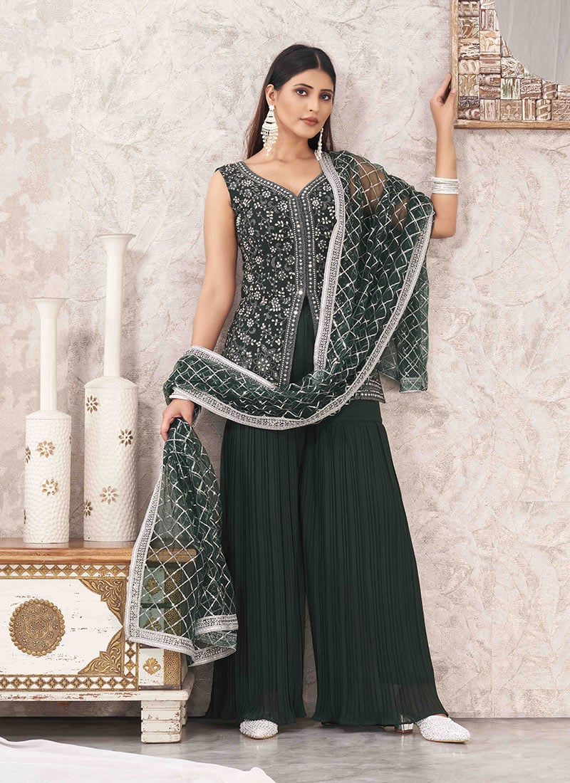 Green Faux Georgette Embroidered Sequins Sharara Suit With Criss Cross Dupatta  Party Wear