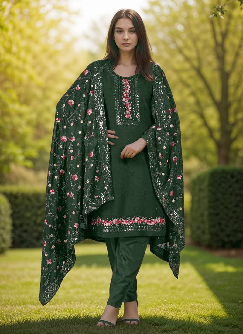 Green Faux Georgette Embroidered Sequins Straight Pant Suit