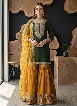 Green Faux Georgette Embroidered Sharara Suit