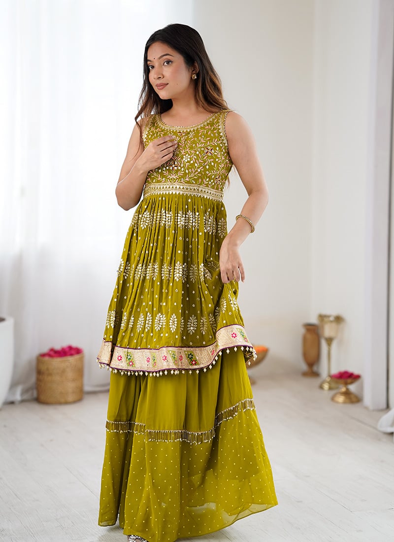 Green Faux Georgette Foil Mirror Thread And Gota Indowestern Sets and Suits Festive Wear