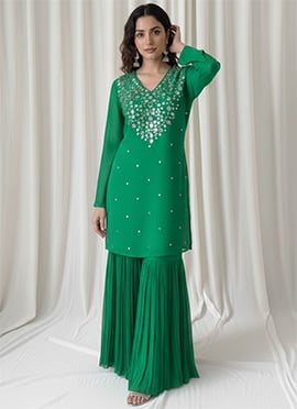 Green Faux Georgette Foil Print Mirror Work Sharara Suit