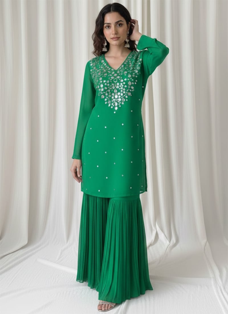 Green Faux Georgette Foil Print Mirror Work Sharara Suit Wedding Wear