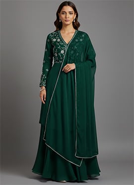 Green Faux Georgette Foil Print Zari Long Choli Lehenga