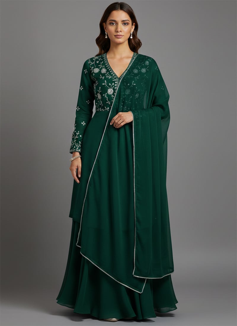 Green Faux Georgette Foil Print Zari Long Choli Lehenga Festive Wear