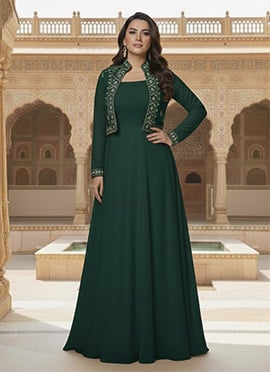 Green Faux Georgette Foil Print Zari Mirror Work Anarkali Gown
