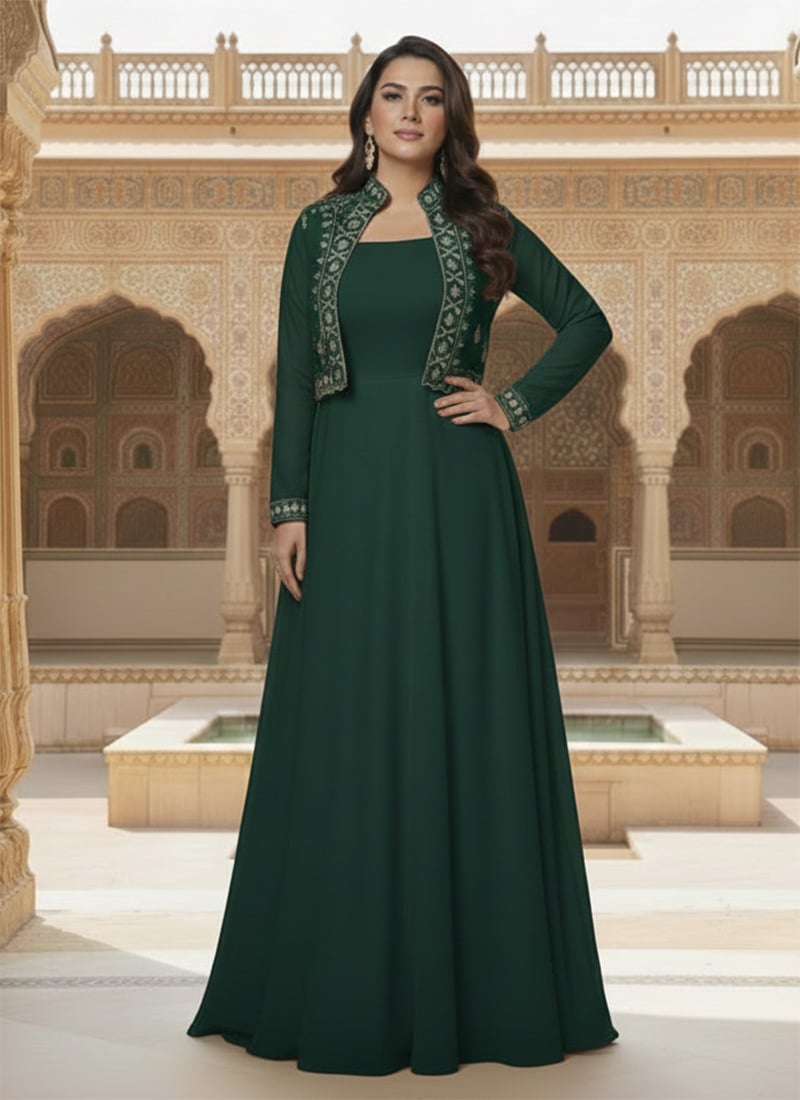Green Faux Georgette Foil Print Zari Mirror Work Anarkali Gown After Six Wear