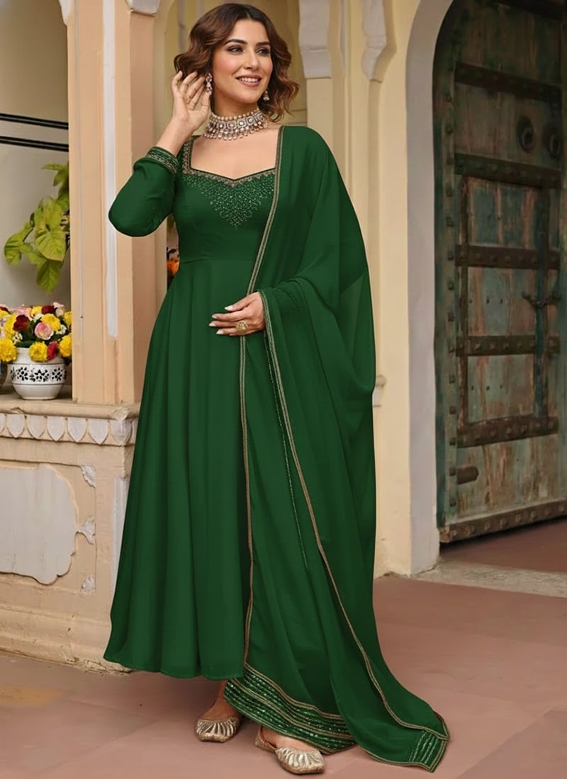 Green Faux Georgette Hand Embroidered And Sequins Anarkali Suit Festive Wear