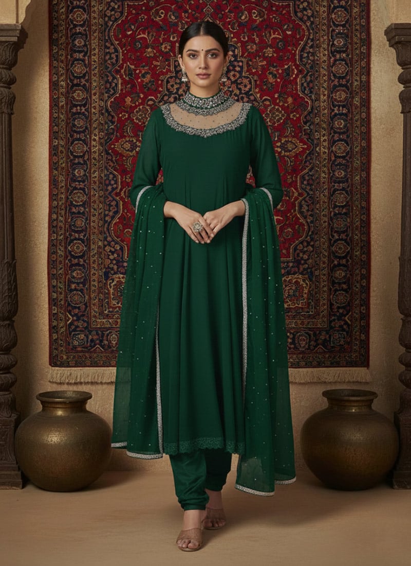 Green Faux Georgette Hand Embroidered And Sequins Anarkali Suit Festive Wear