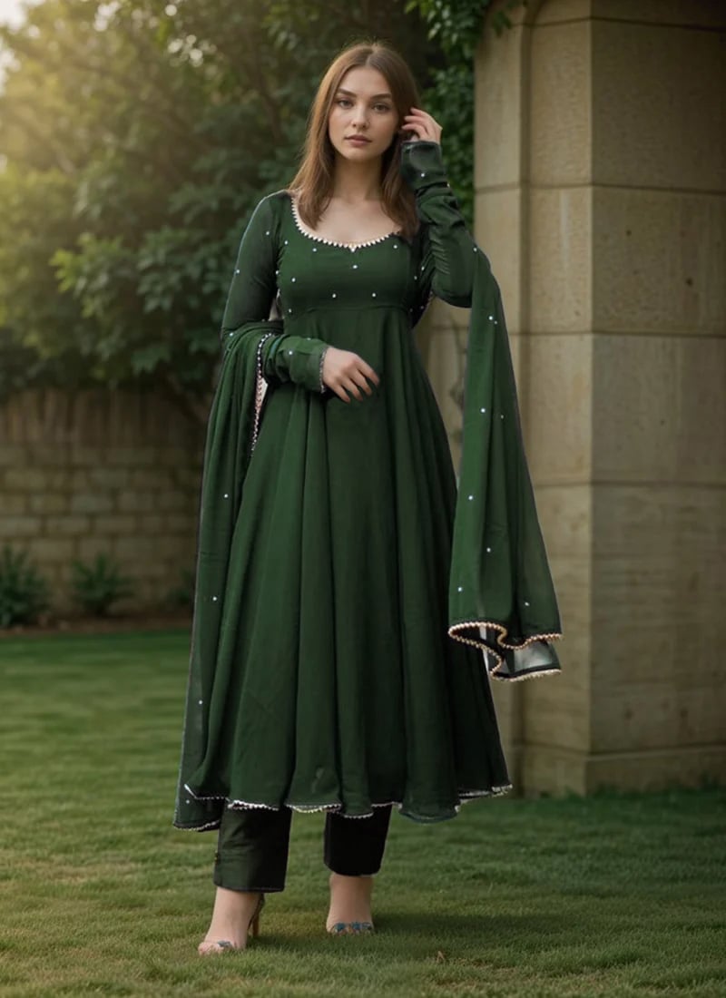 Green Faux Georgette Hand Embroidered Beads Work Anarkali Suit Festive Wear