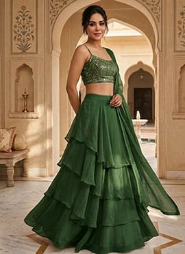 Green Faux Georgette Hand Embroidered Lehenga