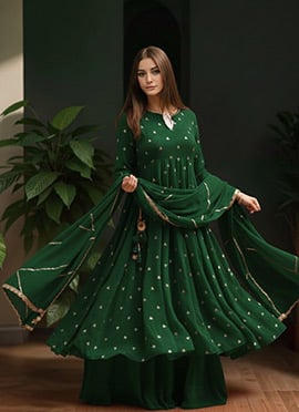 Green Faux Georgette Hand Embroidered Moti Sequins Zari Palazzo Suit