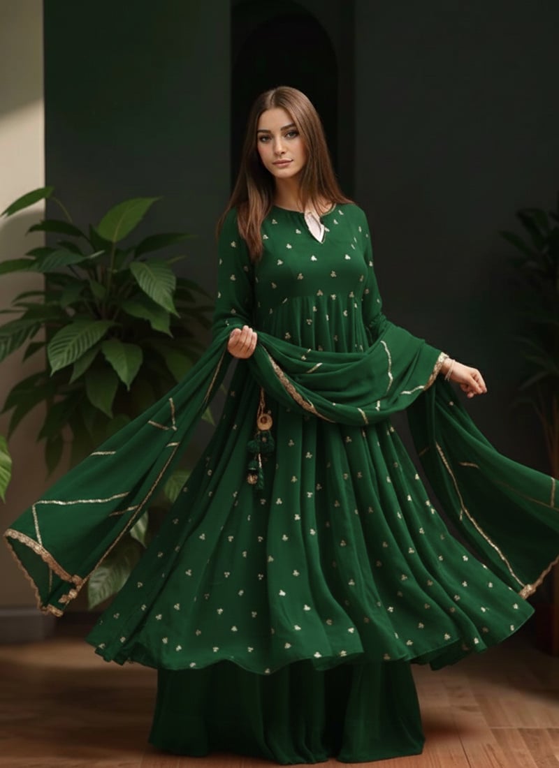 Green Faux Georgette Hand Embroidered Moti Sequins Zari Palazzo Suit Festive Wear