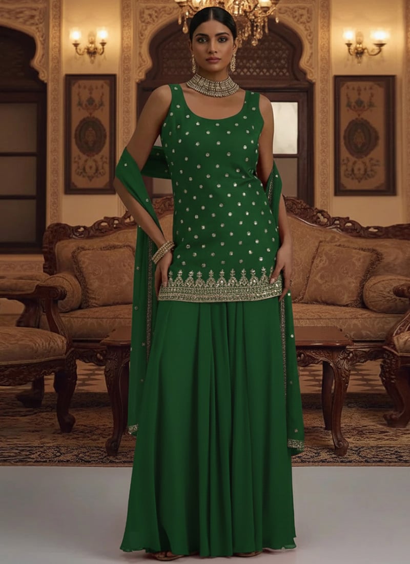 Green Faux Georgette Hand Embroidered Sequins And Zari Palazzo Suit Festive Wear