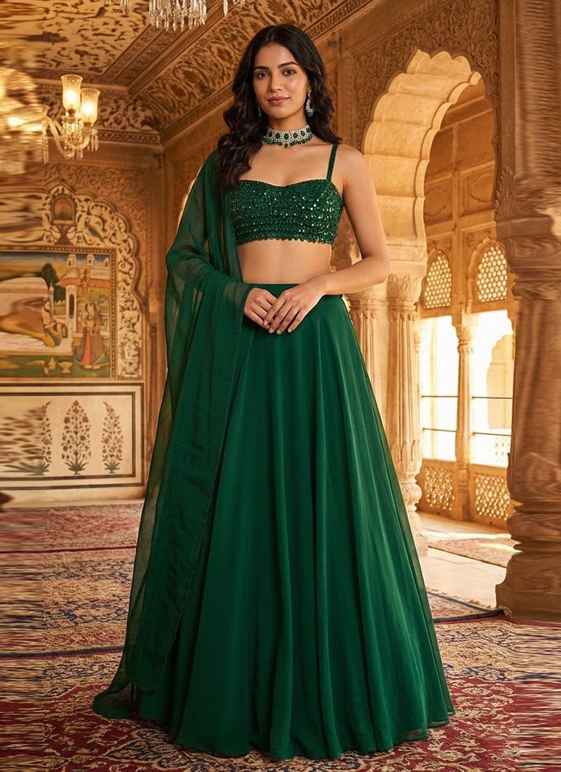 Green Faux Georgette Hand Embroidered Sequins Ravishing Lehenga Wedding Wear