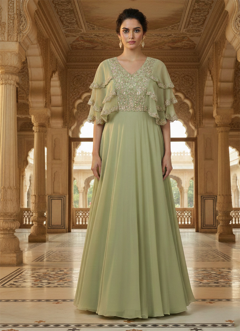 Green Faux Georgette Hand Embroidered Sequins Stones Anarkali Gown After Six Wear