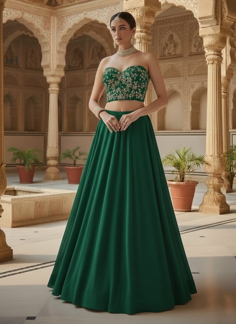 Green Faux Georgette Hand Embroidered Sequins Stones Lehenga Wedding Wear