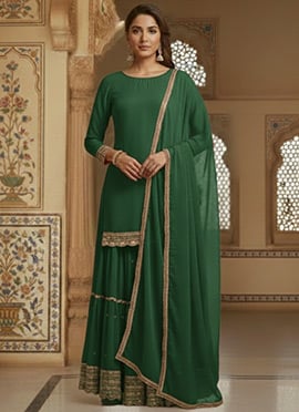 Green Faux Georgette Lace Work Palazzo Suit