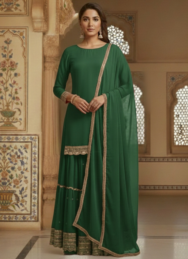 Green Faux Georgette Lace Work Palazzo Suit Festive Wear