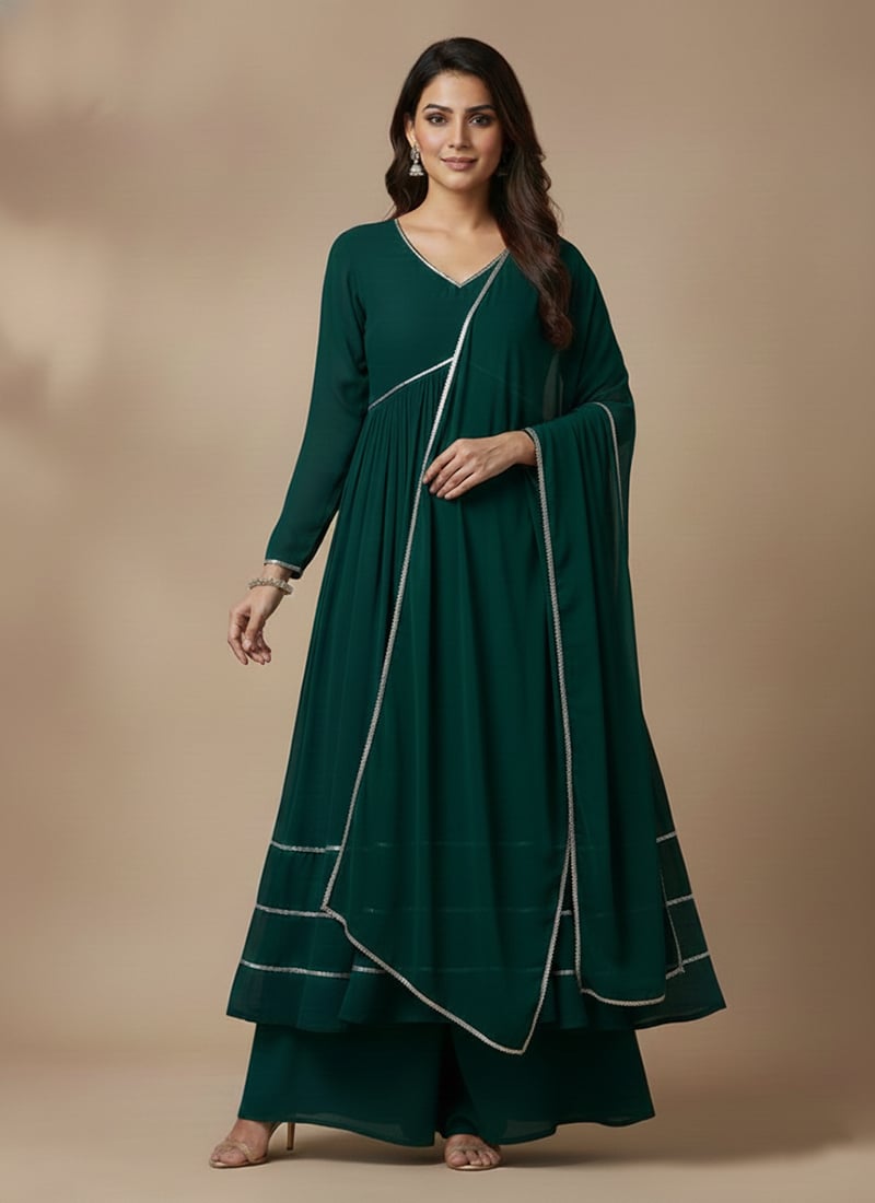 Green Faux Georgette Lace Work Palazzo Suit Festive Wear