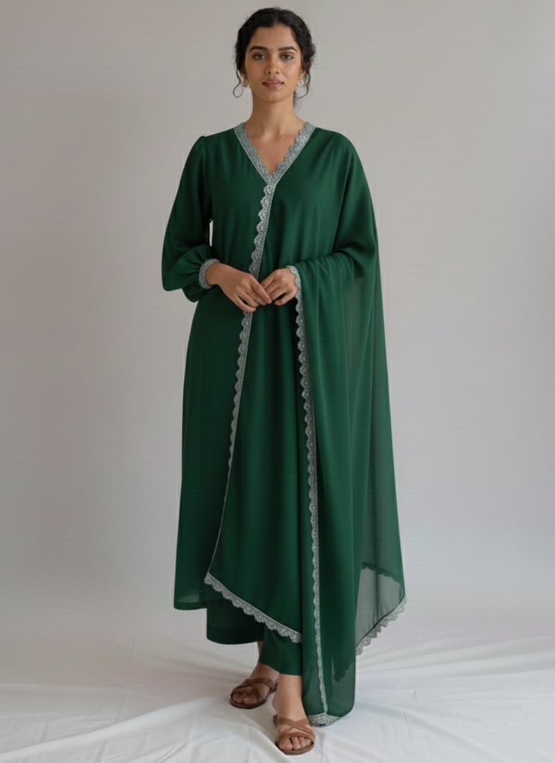 Green Faux Georgette Lace Work Straight Pant Suit Festive Wear