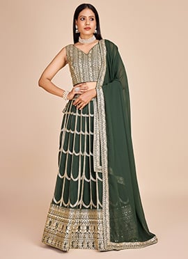 Green Faux Georgette Lehenga With Choli And Dupatta Embroidered Sequins