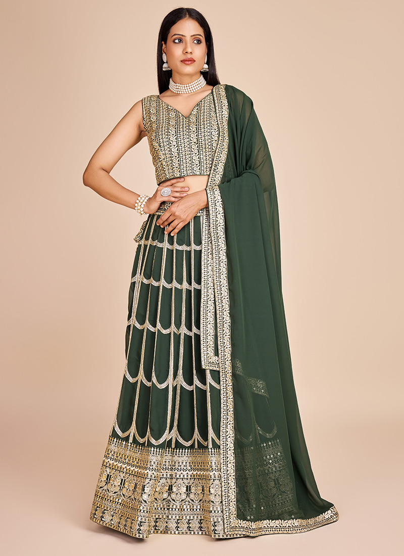 Green Faux Georgette Lehenga With Choli And Dupatta Embroidered Sequins Party Wear