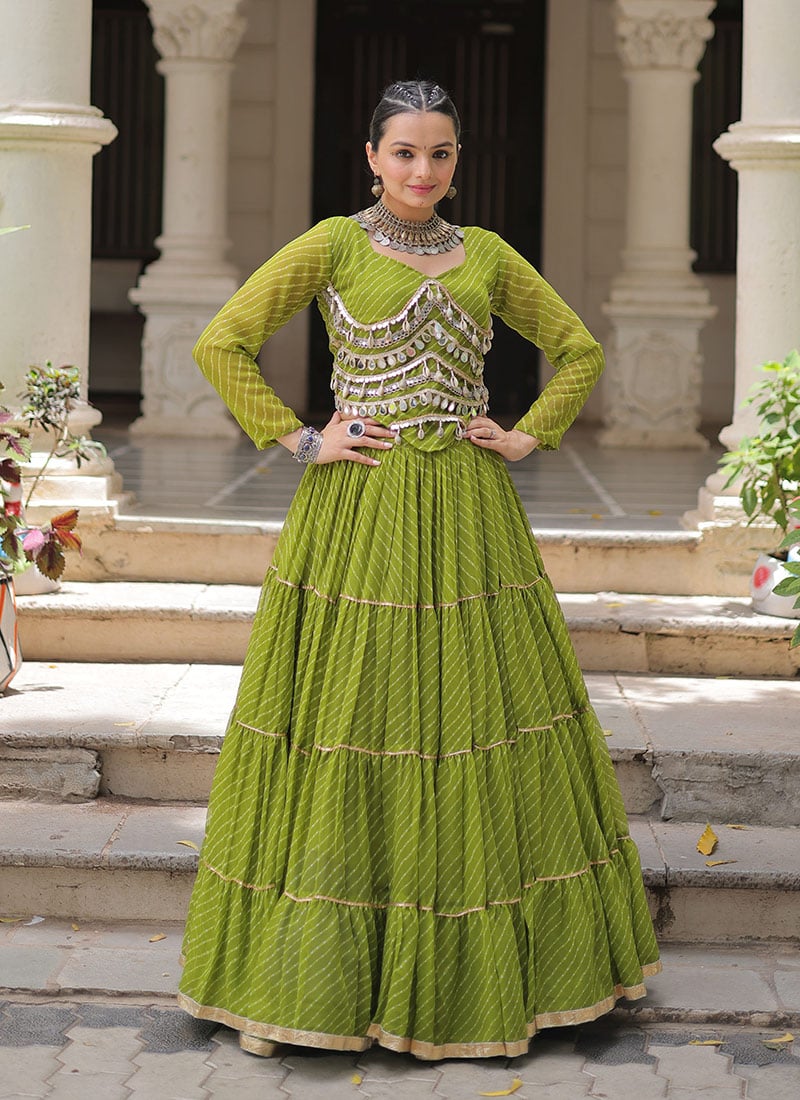 Green Faux Georgette Leheriya Print Gota Patti Skirt Set