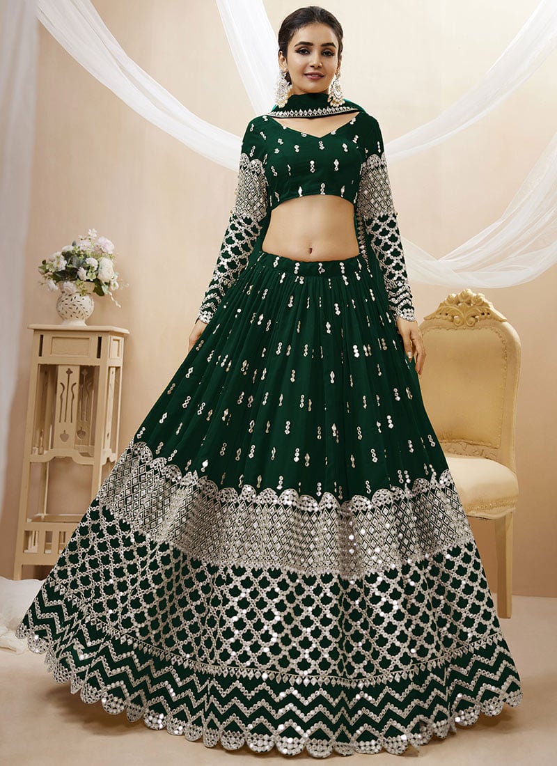 Green Faux Georgette Embroidered Umbrella Lehenga Wedding Wear