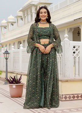 Green Faux Georgette Printed Indowestern Jacket Set