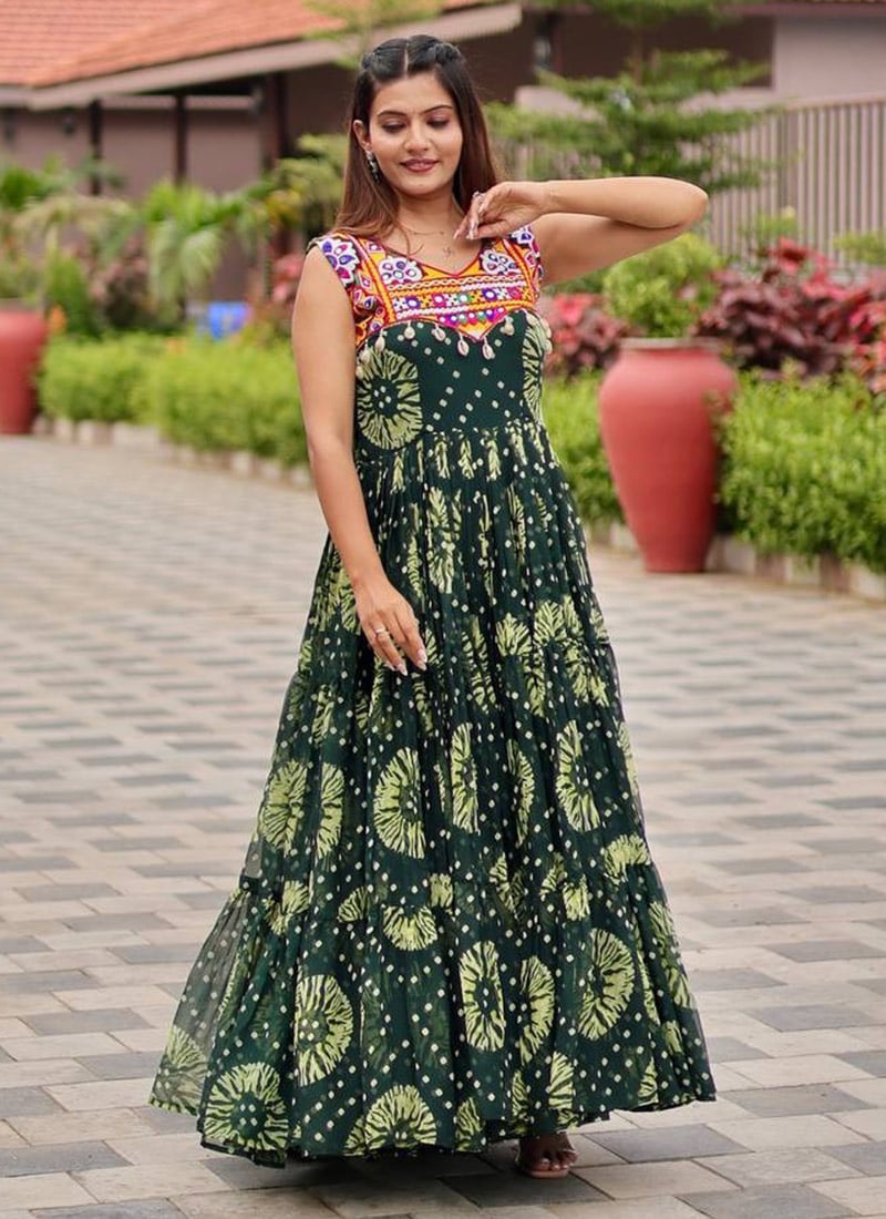 Green Faux Georgette Printed Kutch Work And Mirror Work Gown After Six Wear