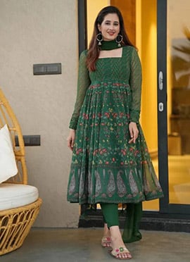 Green Faux Georgette Printed Simple Anarkali Suit