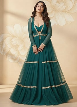 Green Faux Georgette Ready Lace Work Indowestern Set