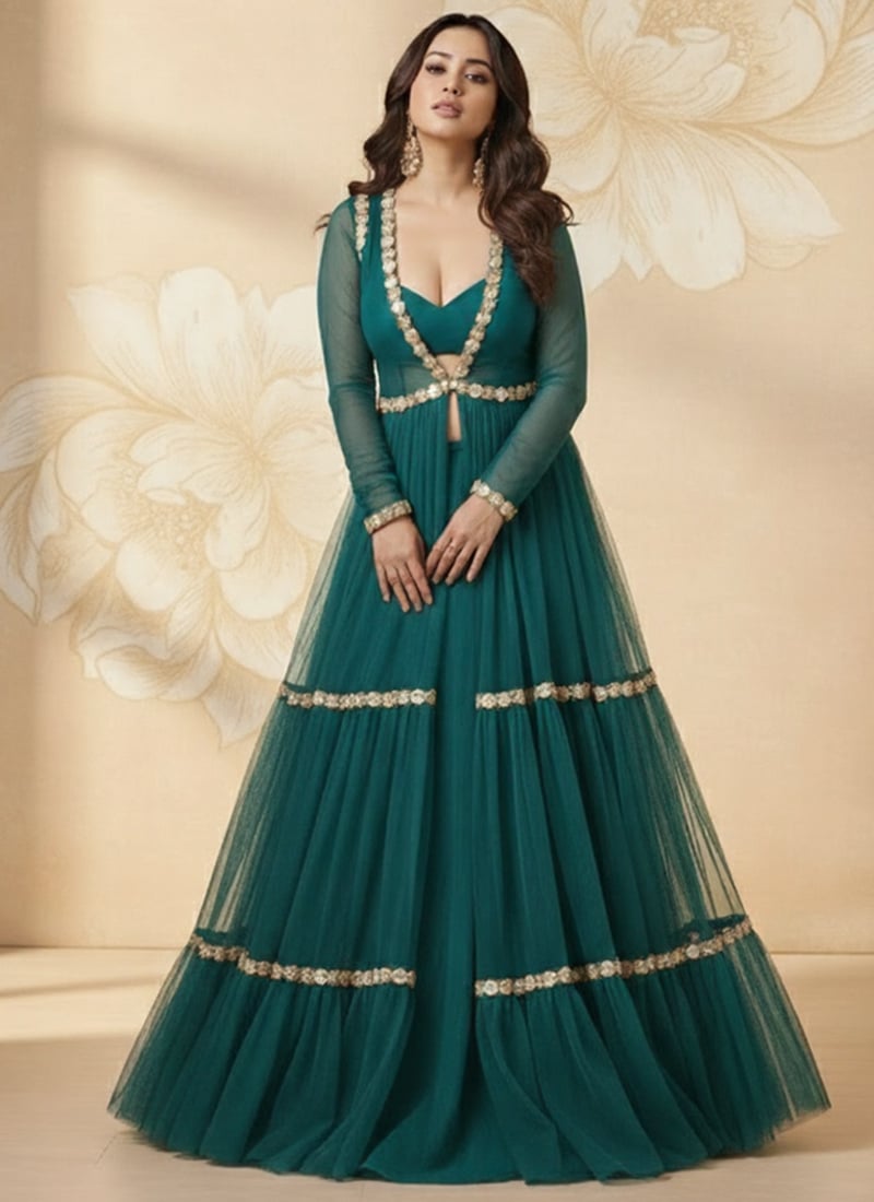 Green Faux Georgette Ready Lace Work Indowestern Set After Six Wear