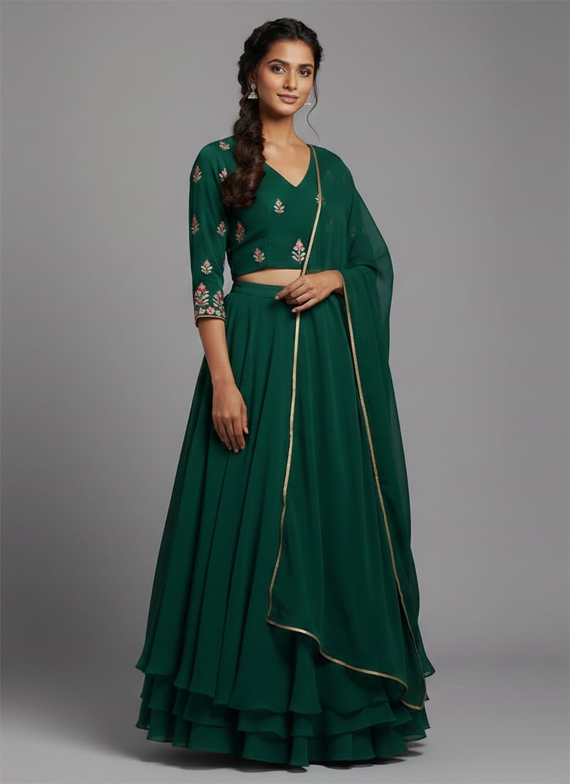 Green Faux Georgette Resham Embroidered Lehenga Festive Wear