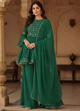 Green Faux Georgette Resham Mirror Work Hand Embroidered Palazzo Suit