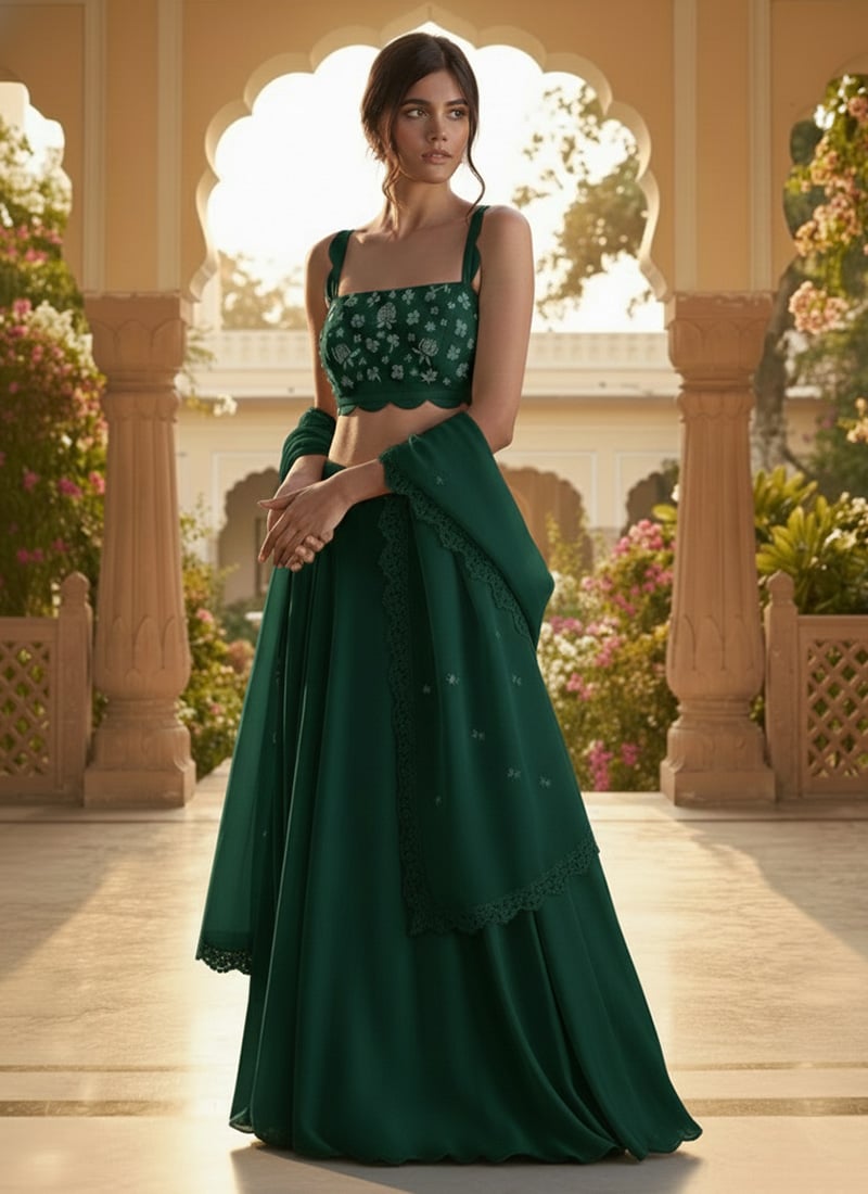 Green Faux Georgette Resham Sequins Lehenga Wedding Wear